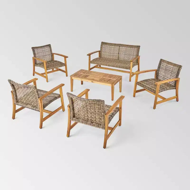 Ensemble de conversation Hampton 6 pièces en bois et osier - Naturel/Gris - Christopher Knight Home