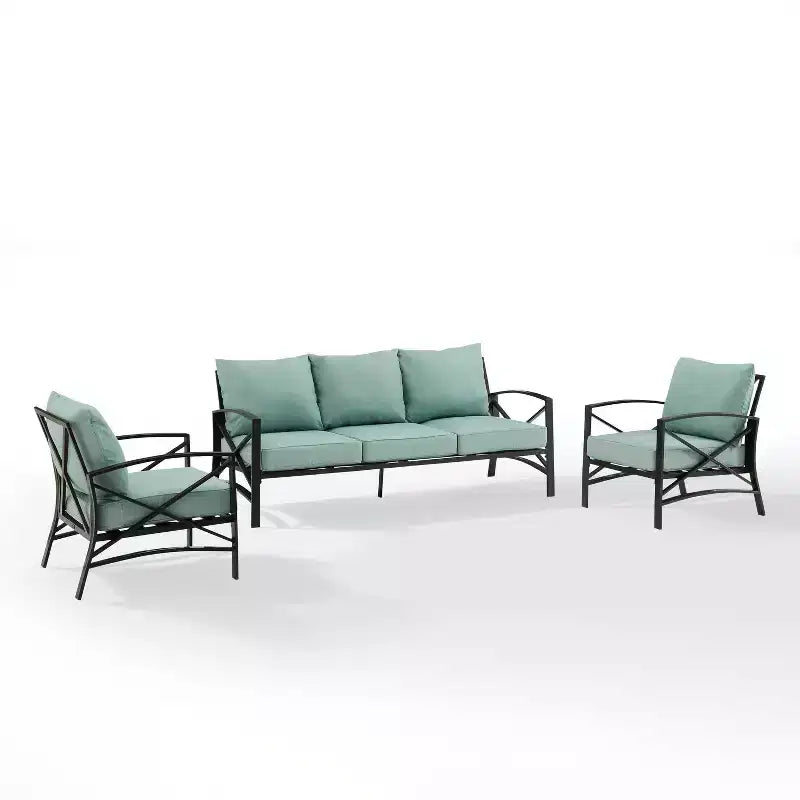 Kaplan 3pc Outdoor Sofa Set with Sofa & 2 Arm Chairs - Mist - Crosley: Steel Frame, Weather-Resistant