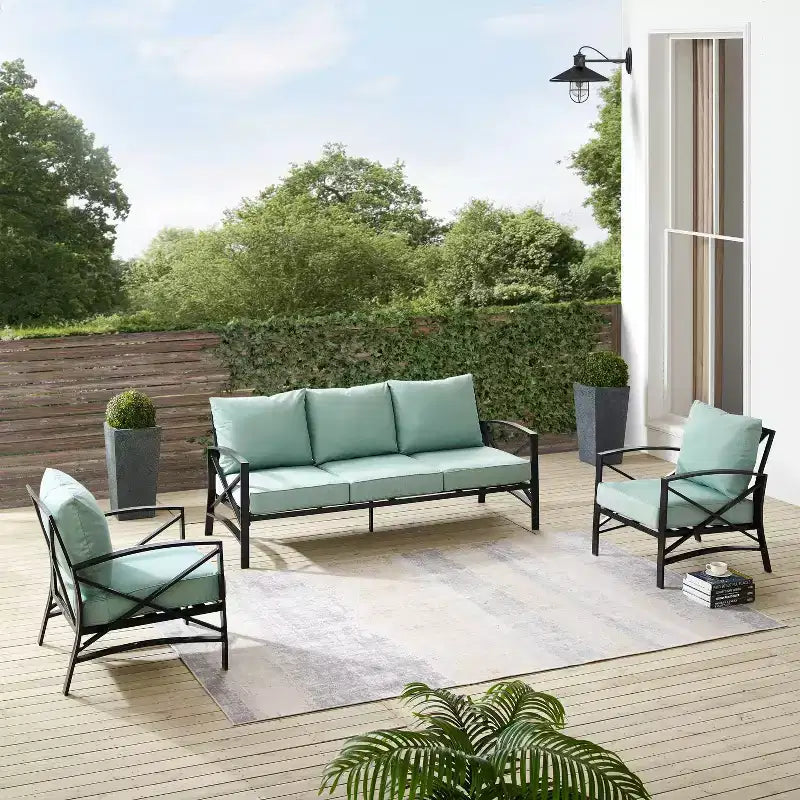 Ensemble de canapé d'extérieur 3 pièces Kaplan avec canapé et 2 fauteuils - Mist - Crosley : Cadre en acier, résistant aux intempéries