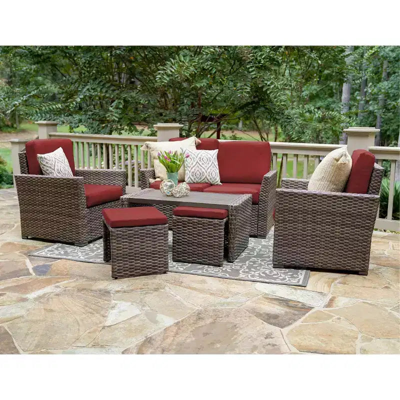 Ensemble de six chaises en osier Leisure Made Newton avec coussins rouges