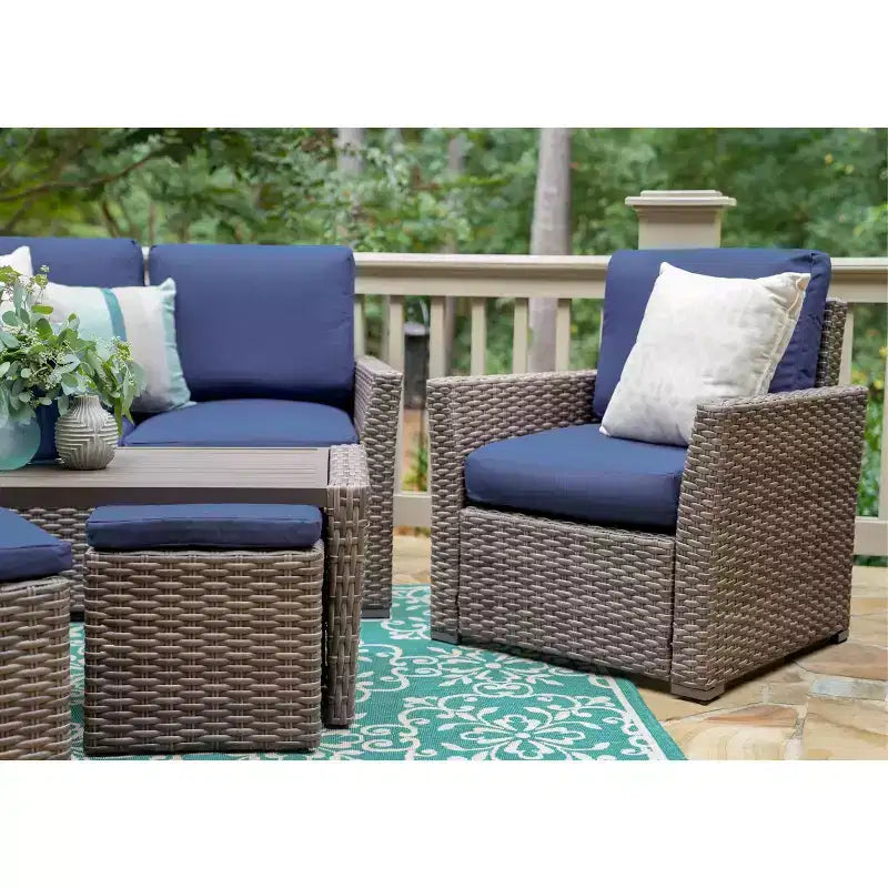 Salon de jardin en osier 6 places Newton Leisure Made, tissu bleu marine
