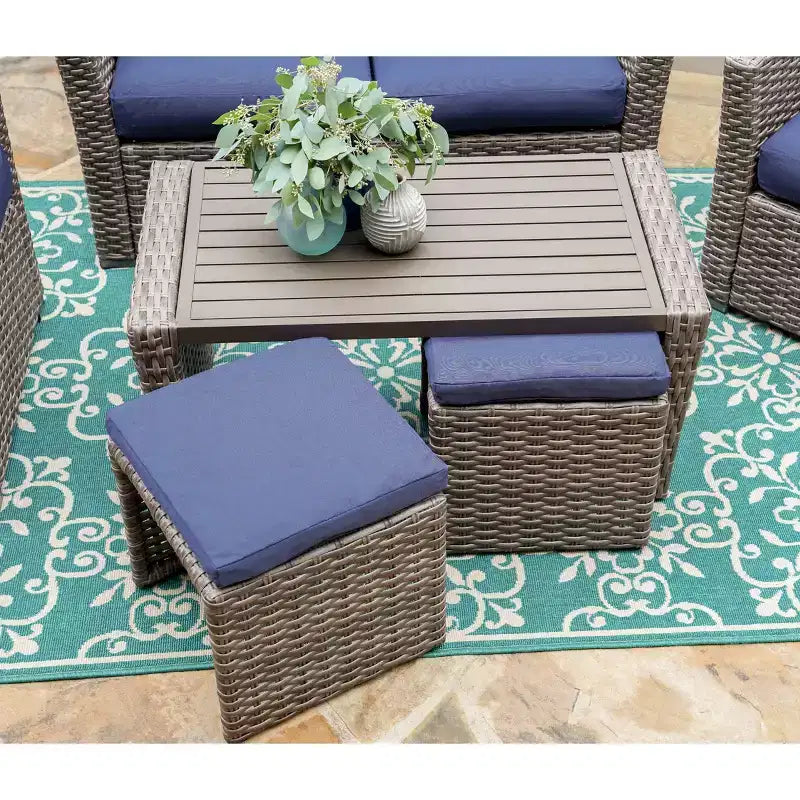 Salon de jardin en osier 6 places Newton Leisure Made, tissu bleu marine