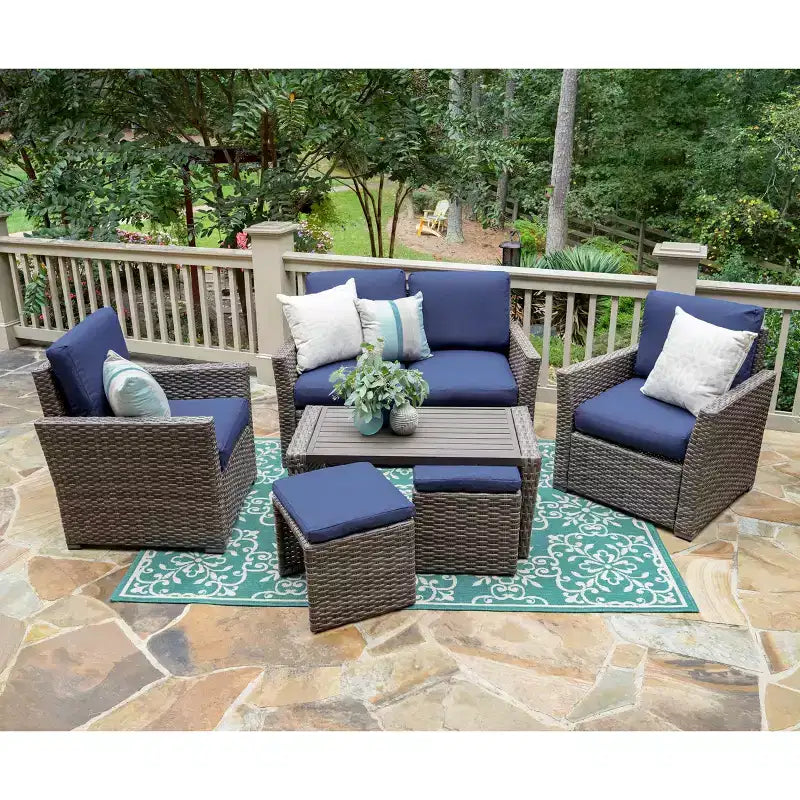 Salon de jardin en osier 6 places Newton Leisure Made, tissu bleu marine