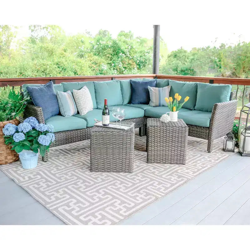 Sectionnel en osier 6 pièces Canton de Leisure Made en tissu bleu spa