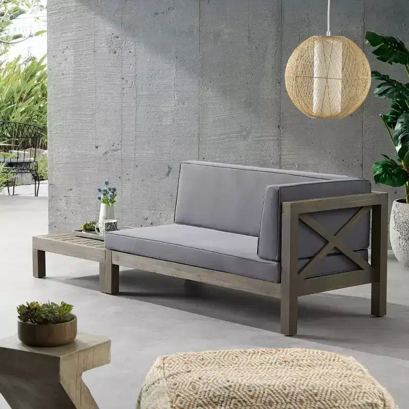 Causeuse d'extérieur avec accoudoir droit et table basse en bois d'acacia Brava, 2 pièces, avec coussin – Christopher Knight Home : Ensemble de patio avec coussins amovibles