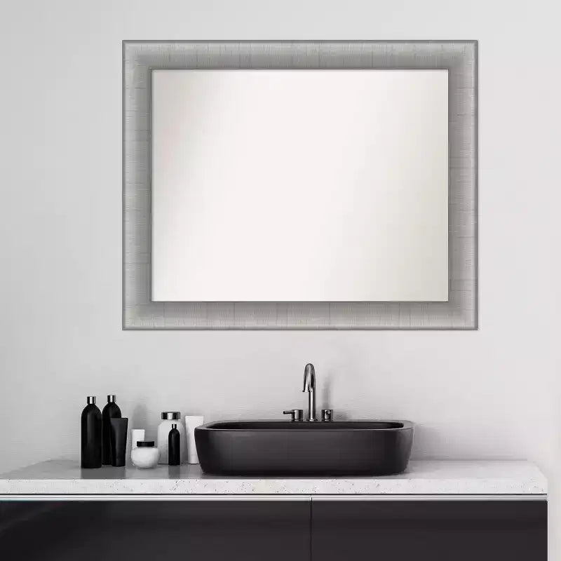 33" x 27" Non-Beveled Elegant Bathroom Wall Mirror Brushed Pewter Rectangle Polystyrene Frame Wall Mounted