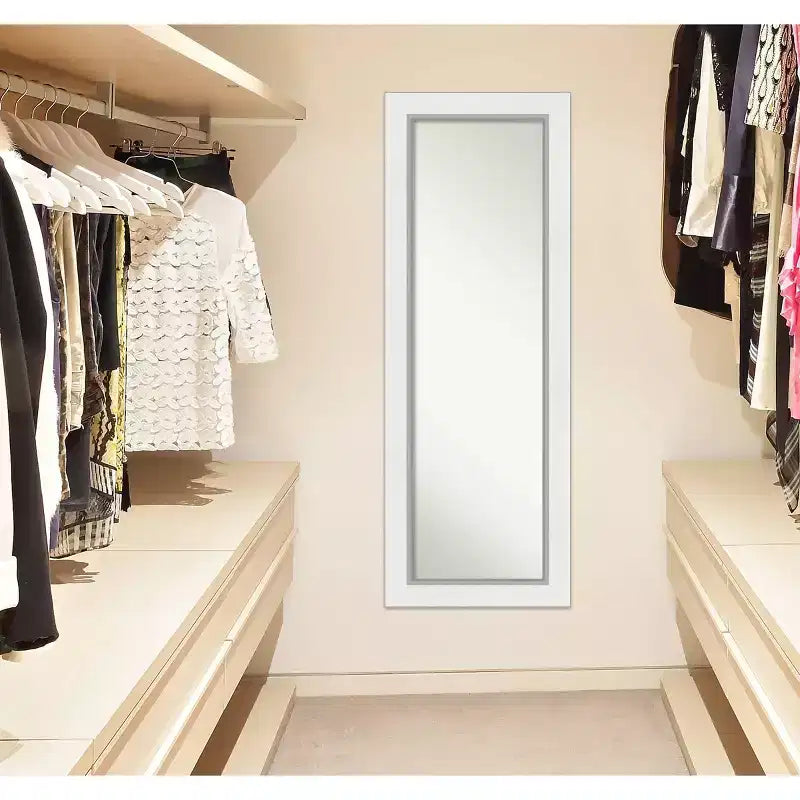 19" x 53" White Silver Framed Full-Length On the Door Mirror Wood Frame No Assembly Required