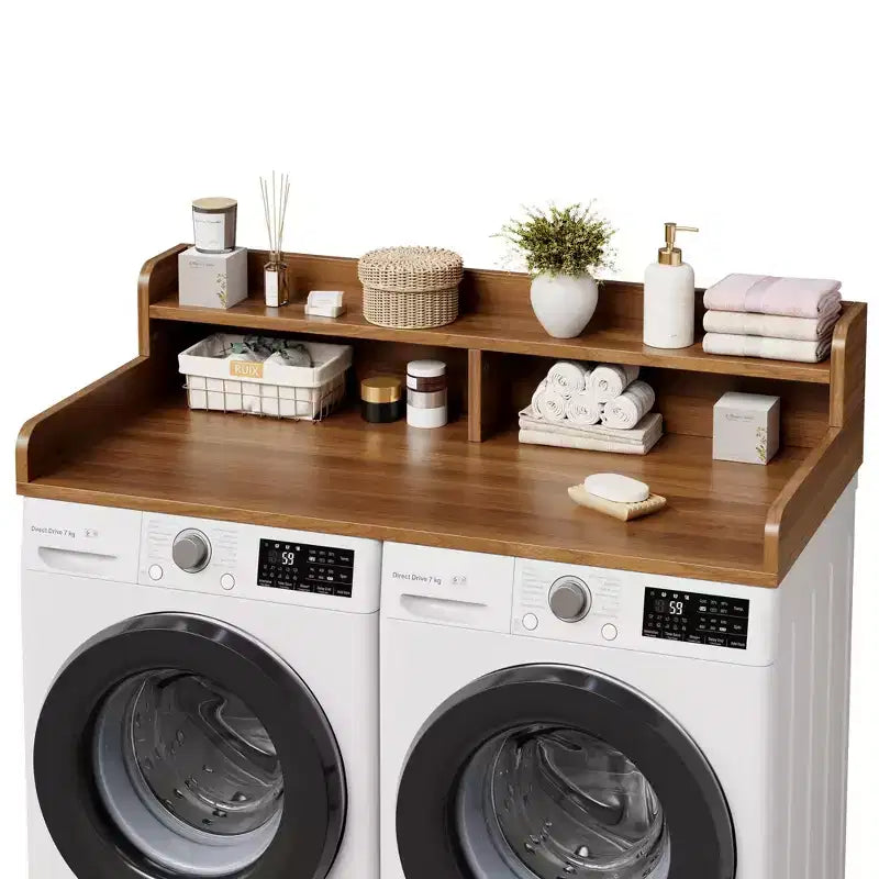 Dessus de laveuse et sécheuse en bois, comptoir de buanderie de 137 cm avec étagère de rangement à 2 niveaux, surface de travail antidérapante avec garde-corps pour l'organisation de la buanderie