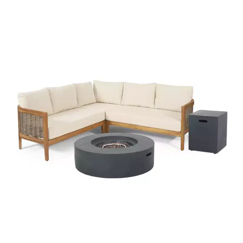 GDFStudio Crowne Outdoor Acacia Wood and Round Wicker 5 Seater Sectional Sofa Chat Set with Fire Pit