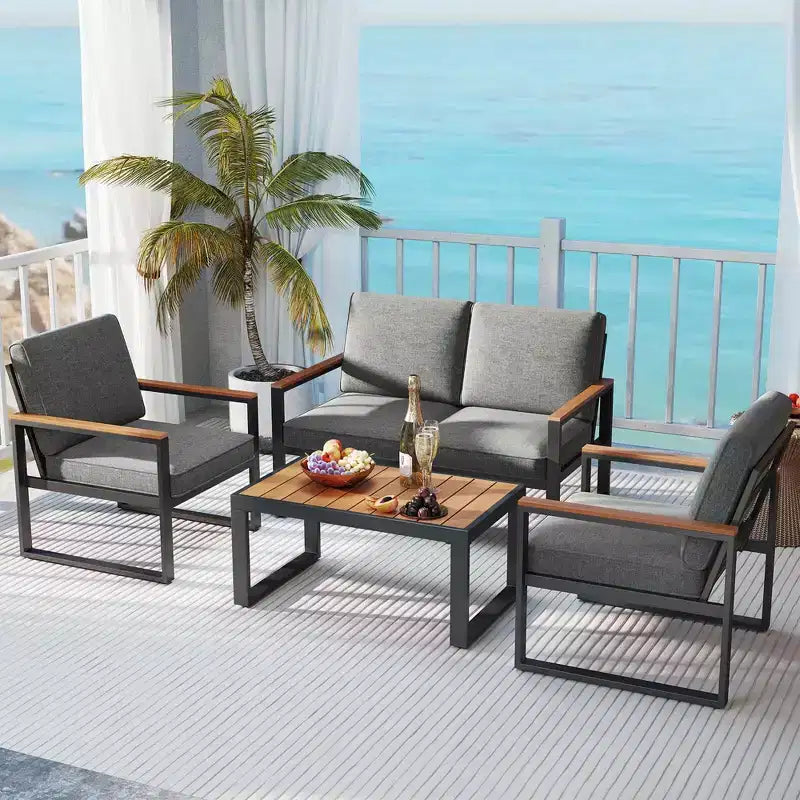 Costway Ensemble de Meubles de Patio en Aluminium 4 Pièces avec Accoudoirs et Plateau de Table en Bois-Plastique pour Balcon