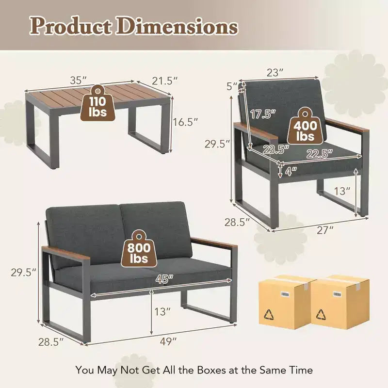 Costway Ensemble de Meubles de Patio en Aluminium 4 Pièces avec Accoudoirs et Plateau de Table en Bois-Plastique pour Balcon