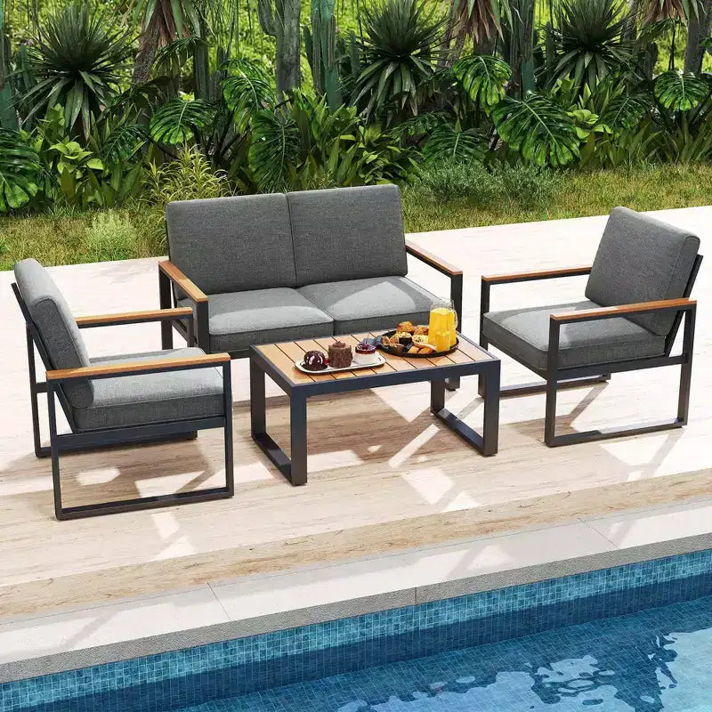 Costway Ensemble de Meubles de Patio en Aluminium 4 Pièces avec Accoudoirs et Plateau de Table en Bois-Plastique pour Balcon