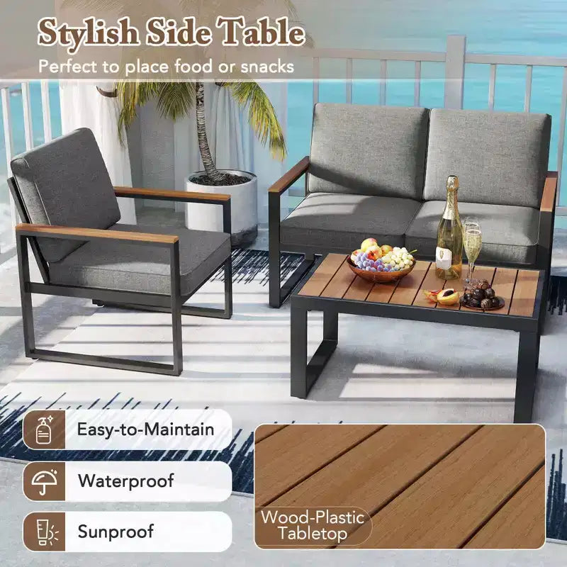 Costway Ensemble de Meubles de Patio en Aluminium 4 Pièces avec Accoudoirs et Plateau de Table en Bois-Plastique pour Balcon