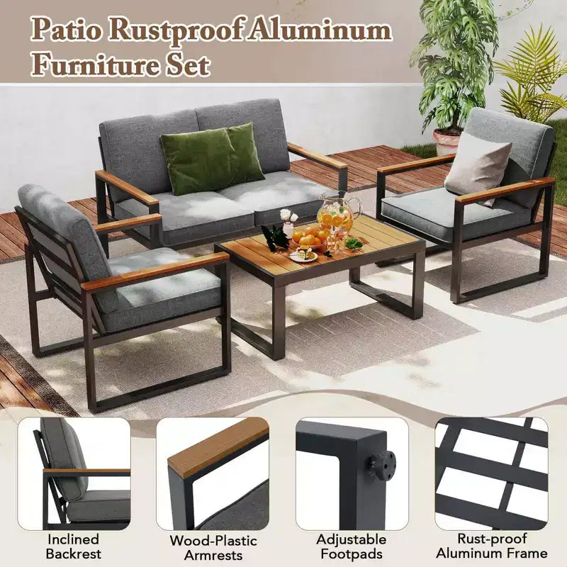 Costway Ensemble de Meubles de Patio en Aluminium 4 Pièces avec Accoudoirs et Plateau de Table en Bois-Plastique pour Balcon