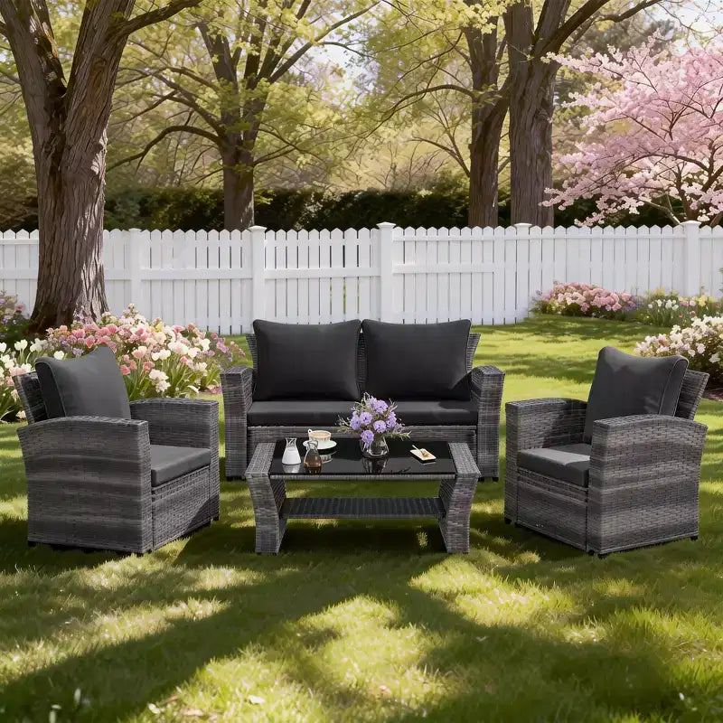 Heynemo – Salon de jardin 4 pièces, ensembles de conversation en osier tous temps, canapé d'angle en rotin avec table basse pour l'extérieur