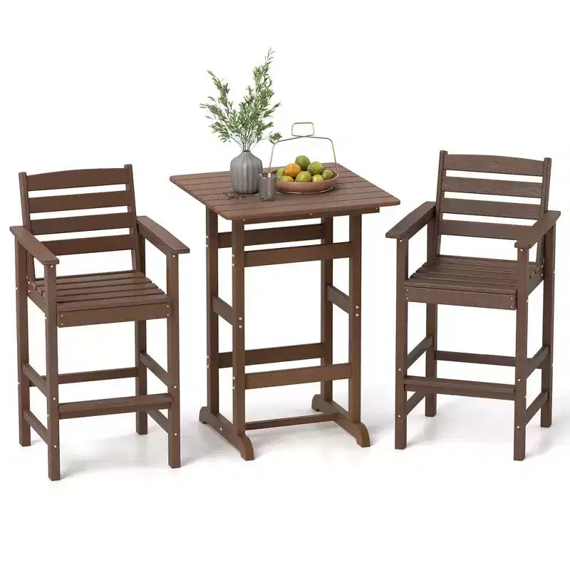 Ensemble de bar 3 pièces Costway pour terrasse, chaises de bar en PEHD avec table haute carrée, repose-pieds et dossier Bleu marine/Gris/Marron/Noir