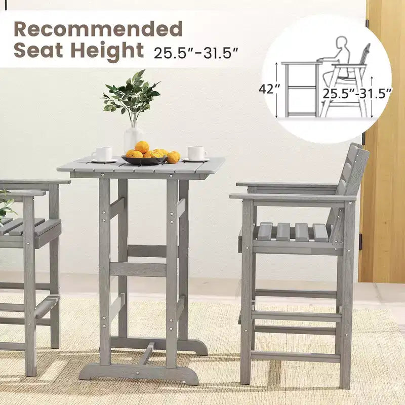 Ensemble de bar 3 pièces Costway pour terrasse, chaises de bar en PEHD avec table haute carrée, repose-pieds et dossier Bleu marine/Gris/Marron/Noir