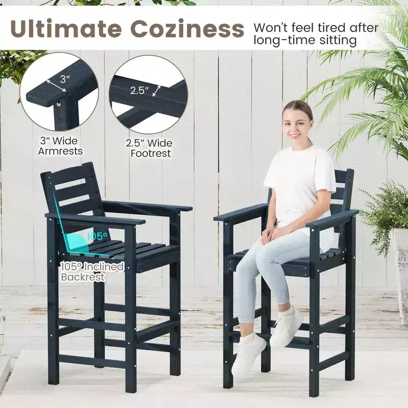 Ensemble de bar 3 pièces Costway pour terrasse, chaises de bar en PEHD avec table haute carrée, repose-pieds et dossier Bleu marine/Gris/Marron/Noir