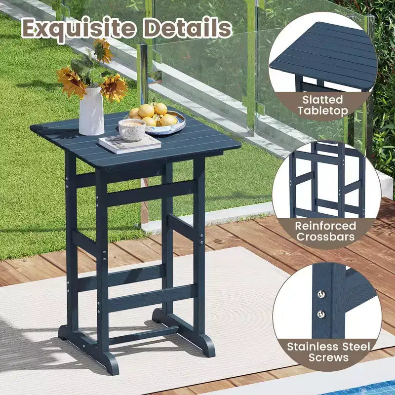 Ensemble de bar 3 pièces Costway pour terrasse, chaises de bar en PEHD avec table haute carrée, repose-pieds et dossier Bleu marine/Gris/Marron/Noir