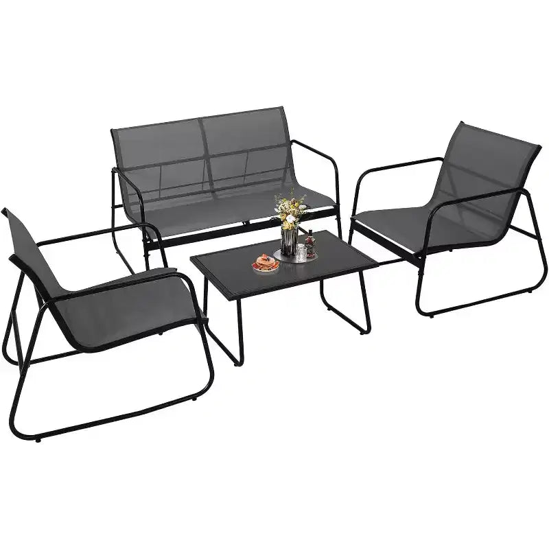 Ensemble de 4 meubles de jardin pour terrasse - Structure en acier, tissu Textilène et table en verre trempé pour balcon/arrière-cour