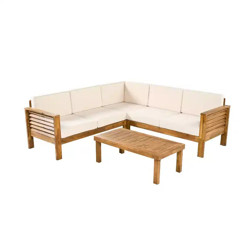 Christopher Knight Home Percy, ensemble de 4 meubles de patio en bois d'acacia, canapé d'angle en L rembourré avec table basse