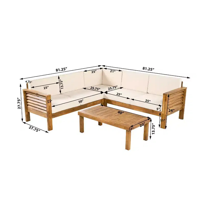 Christopher Knight Home Percy, ensemble de 4 meubles de patio en bois d'acacia, canapé d'angle en L rembourré avec table basse