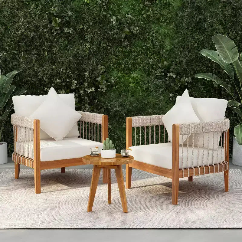 Christopher Knight Home Clifton 3 Piece Patio Rustic Acacia and Rope Slat Design Seating Set with Cushion