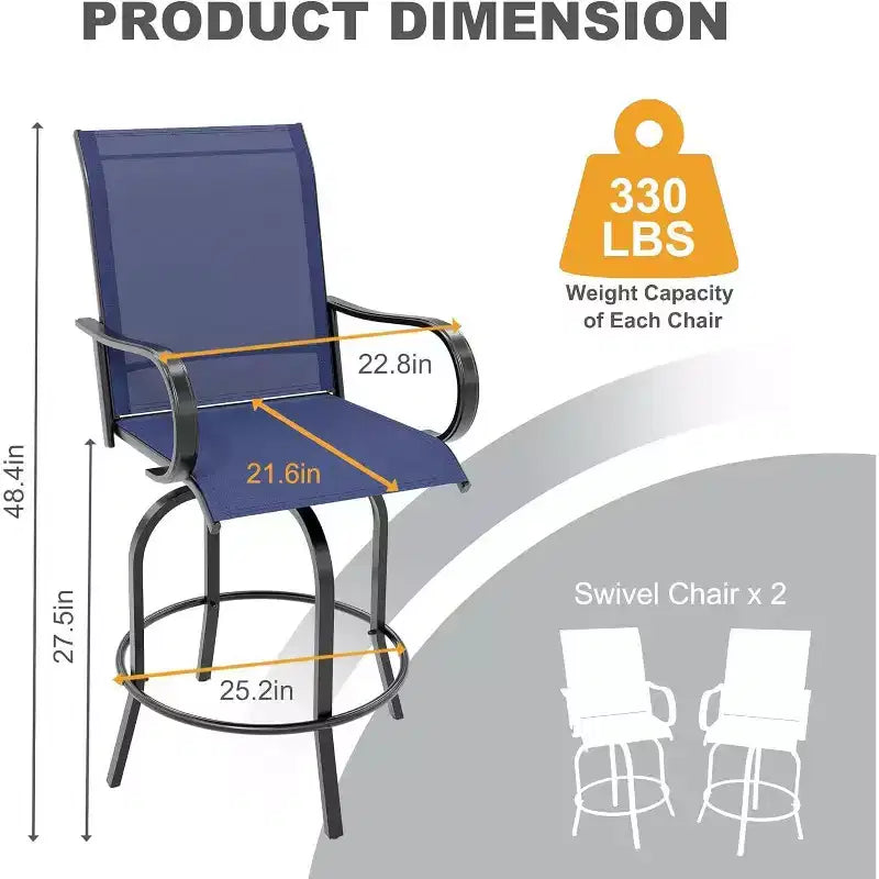 Acekool Lot de 2 tabourets de bar pivotants d'extérieur avec dossier haut et accoudoirs, chaises de terrasse en textilène toutes saisons avec rotation à 360° pour terrasse et patio