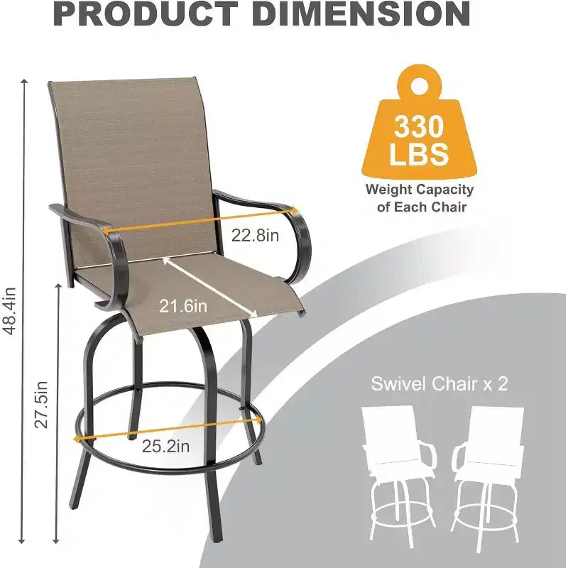Acekool Lot de 2 tabourets de bar pivotants d'extérieur avec dossier haut et accoudoirs, chaises de terrasse en textilène toutes saisons avec rotation à 360° pour terrasse et patio