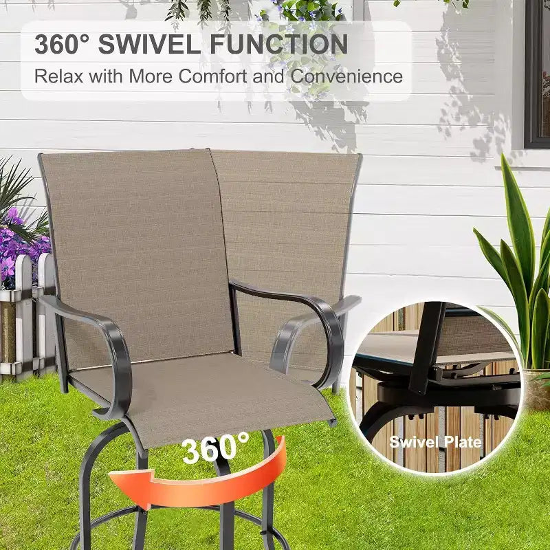 Acekool Lot de 2 tabourets de bar pivotants d'extérieur avec dossier haut et accoudoirs, chaises de terrasse en textilène toutes saisons avec rotation à 360° pour terrasse et patio
