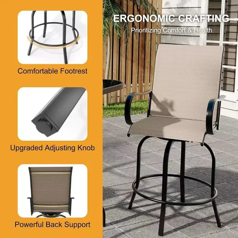 Acekool Lot de 2 tabourets de bar pivotants d'extérieur avec dossier haut et accoudoirs, chaises de terrasse en textilène toutes saisons avec rotation à 360° pour terrasse et patio