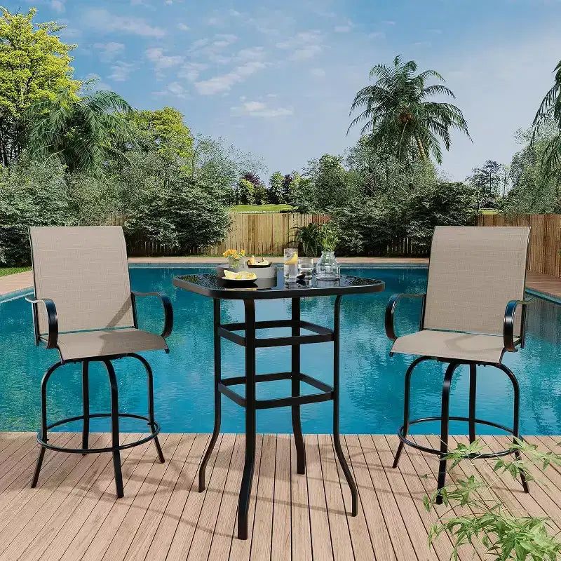 Acekool Lot de 2 tabourets de bar pivotants d'extérieur avec dossier haut et accoudoirs, chaises de terrasse en textilène toutes saisons avec rotation à 360° pour terrasse et patio
