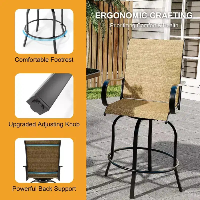 Acekool Lot de 2 tabourets de bar pivotants d'extérieur avec dossier haut et accoudoirs, chaises de terrasse en textilène toutes saisons avec rotation à 360° pour terrasse et patio