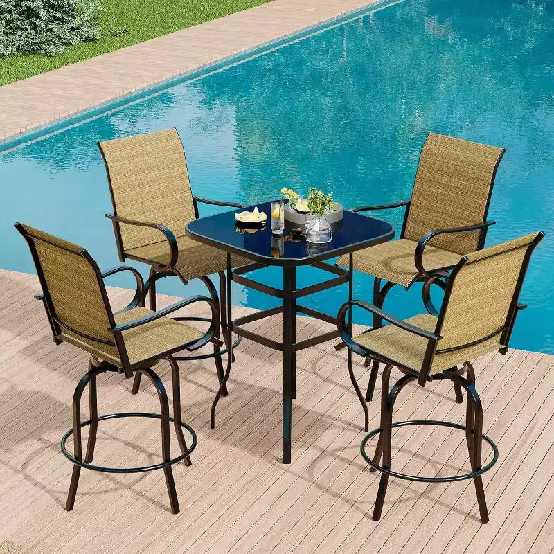 Acekool Lot de 2 tabourets de bar pivotants d'extérieur avec dossier haut et accoudoirs, chaises de terrasse en textilène toutes saisons avec rotation à 360° pour terrasse et patio