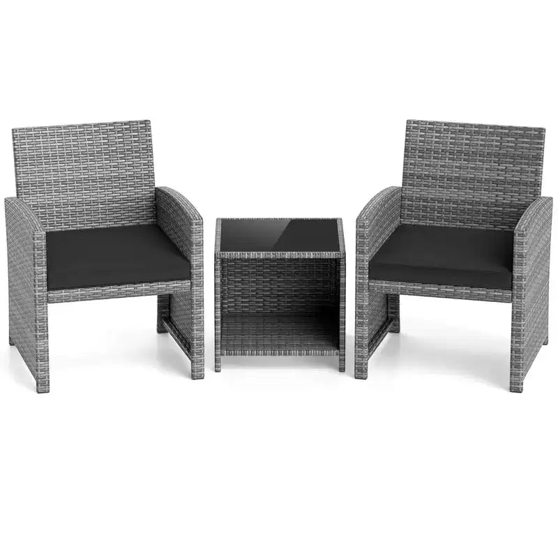 Ensemble de meubles de patio Costway 3 pièces avec table basse en verre trempé et coussins de siège moelleux gris/noir/blanc