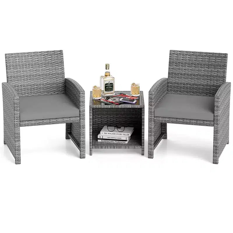 Ensemble de meubles de patio Costway 3 pièces avec table basse en verre trempé et coussins de siège moelleux gris/noir/blanc