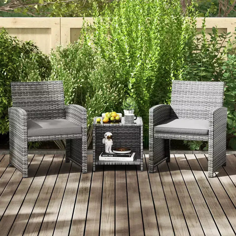 Ensemble de meubles de patio Costway 3 pièces avec table basse en verre trempé et coussins de siège moelleux gris/noir/blanc