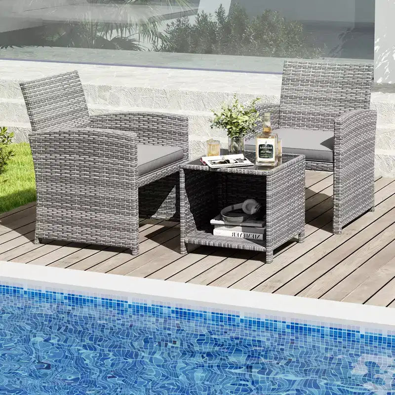 Ensemble de meubles de patio Costway 3 pièces avec table basse en verre trempé et coussins de siège moelleux gris/noir/blanc