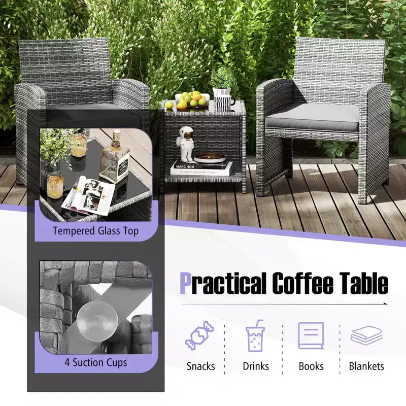 Ensemble de meubles de patio Costway 3 pièces avec table basse en verre trempé et coussins de siège moelleux gris/noir/blanc