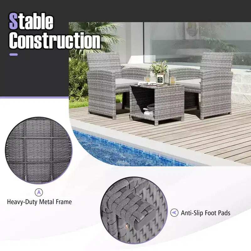Ensemble de meubles de patio Costway 3 pièces avec table basse en verre trempé et coussins de siège moelleux gris/noir/blanc