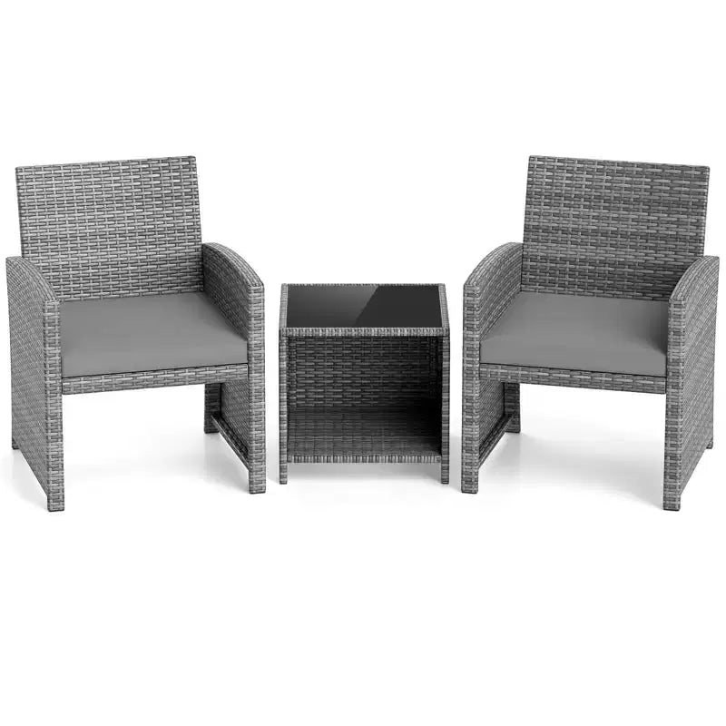 Ensemble de meubles de patio Costway 3 pièces avec table basse en verre trempé et coussins de siège moelleux gris/noir/blanc