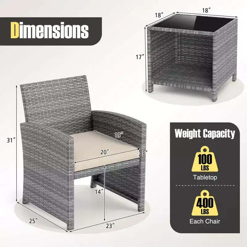 Ensemble de meubles de patio Costway 3 pièces avec table basse en verre trempé et coussins de siège moelleux gris/noir/blanc