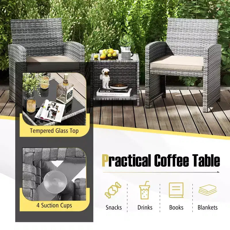 Ensemble de meubles de patio Costway 3 pièces avec table basse en verre trempé et coussins de siège moelleux gris/noir/blanc