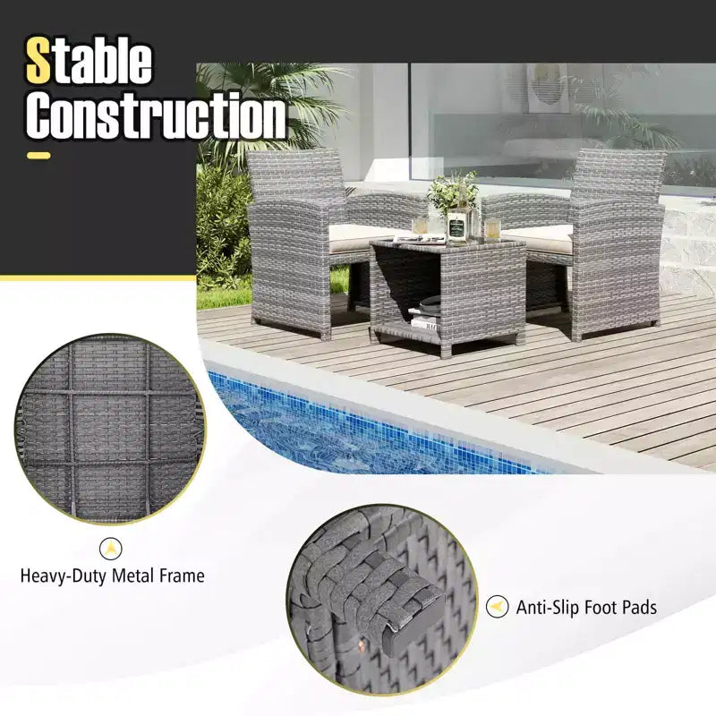 Ensemble de meubles de patio Costway 3 pièces avec table basse en verre trempé et coussins de siège moelleux gris/noir/blanc
