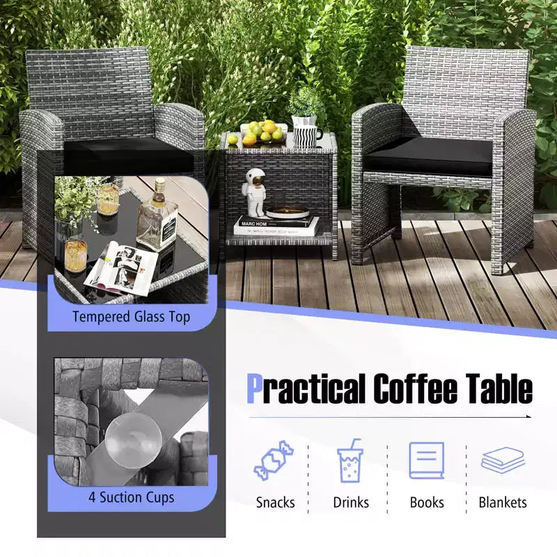Ensemble de meubles de patio Costway 3 pièces avec table basse en verre trempé et coussins de siège moelleux gris/noir/blanc
