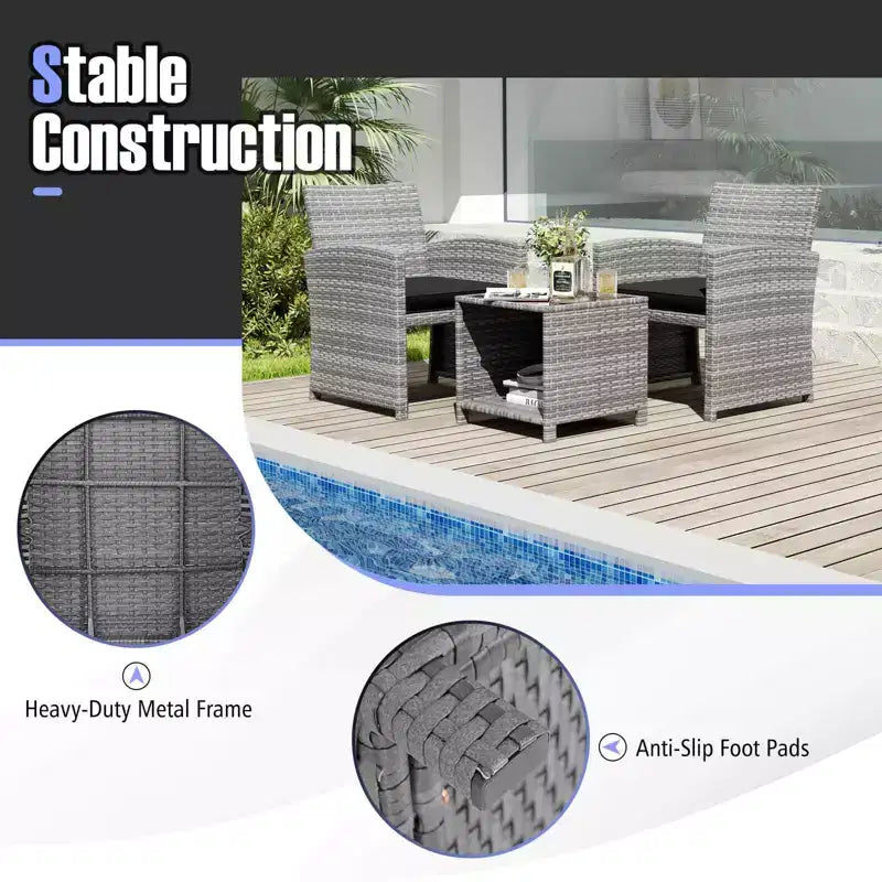 Ensemble de meubles de patio Costway 3 pièces avec table basse en verre trempé et coussins de siège moelleux gris/noir/blanc