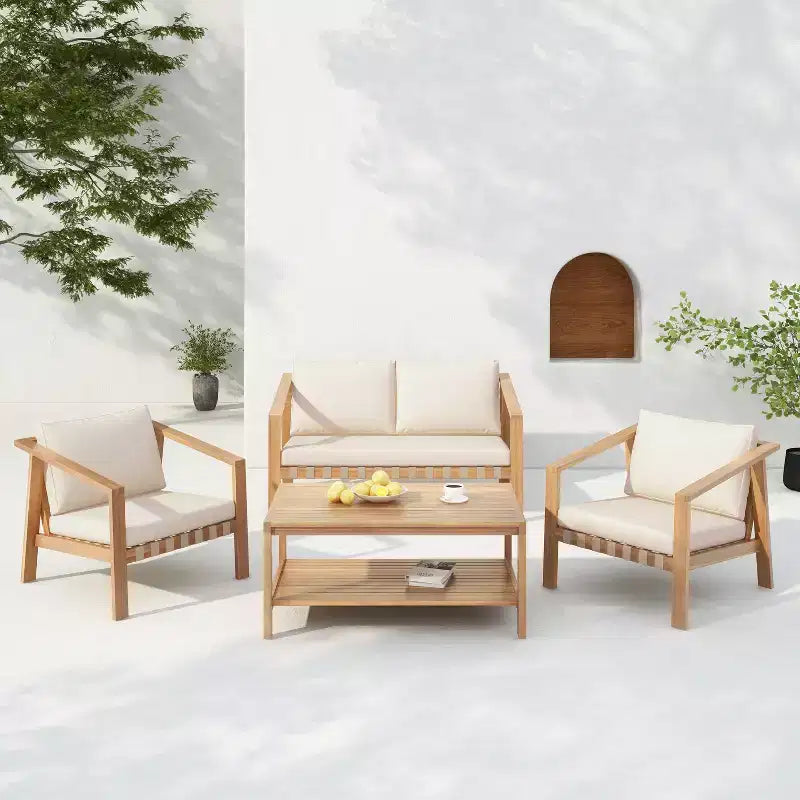 Christopher Knight Home Fraser 4-Piece Patio Slat Design Acacia Wood Upholstered Seating Set