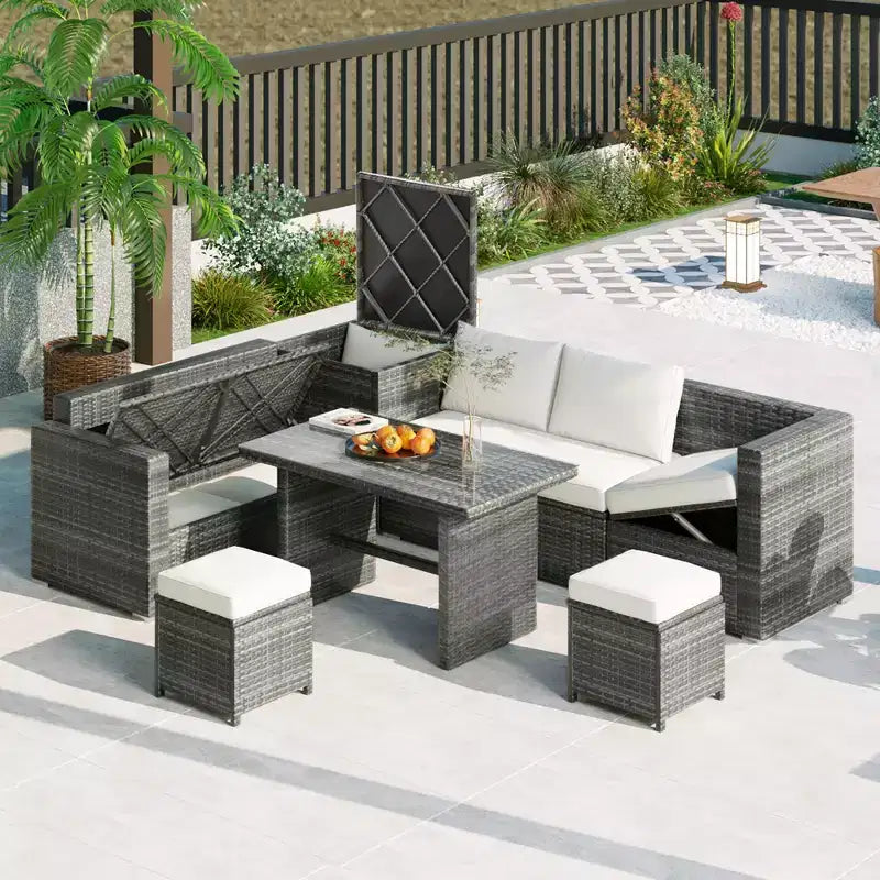 Whisen 6-Piece Outdoor PE Rattan Sofa Set with Storage Box & Removable Covers