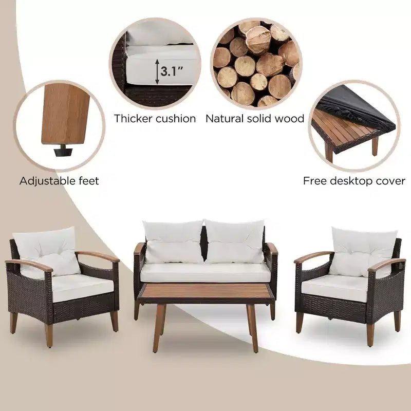 Ensemble de mobilier de jardin 4 pièces, salon de jardin pour terrasse, ensemble de canapés d'extérieur en rotin PE, table et pieds en bois, marron et beige