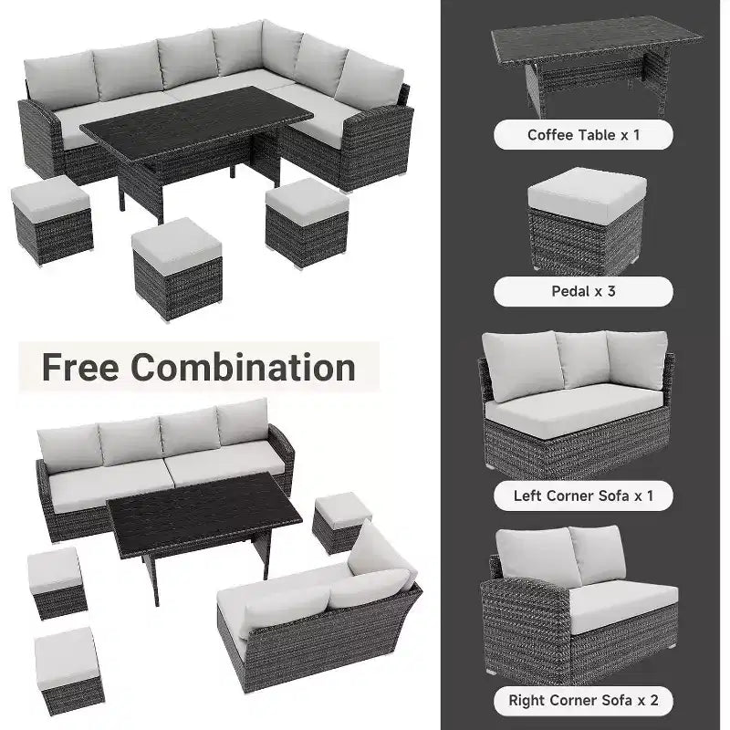 Acekool Ensemble de 7 meubles de patio d'extérieur avec rotin PE gris, coussins et table en verre pour porche, balcon et jardin.